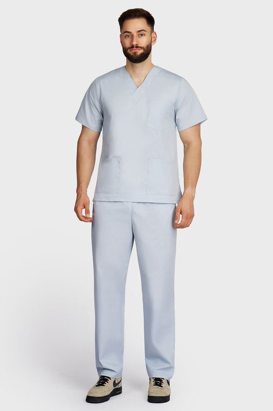 Costum medical barbati gri - bluza medicala cu guler in V si pantaloni cu elastic si snur, vedere din fata - AKITEX