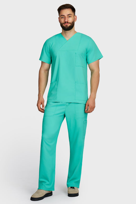 Costum medical barbati menta - bluza medicala Victoria si pantaloni cargo, material microstretch antimicrobian, vedere din fata - AKITEX