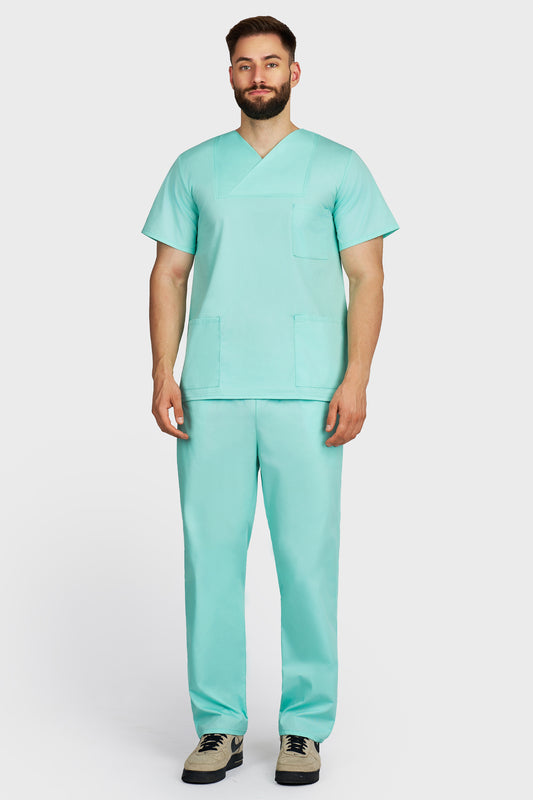 Costum medical barbati menta - bluza medicala Victoria si pantaloni cu elastic si snur, vedere din fata - AKITEX