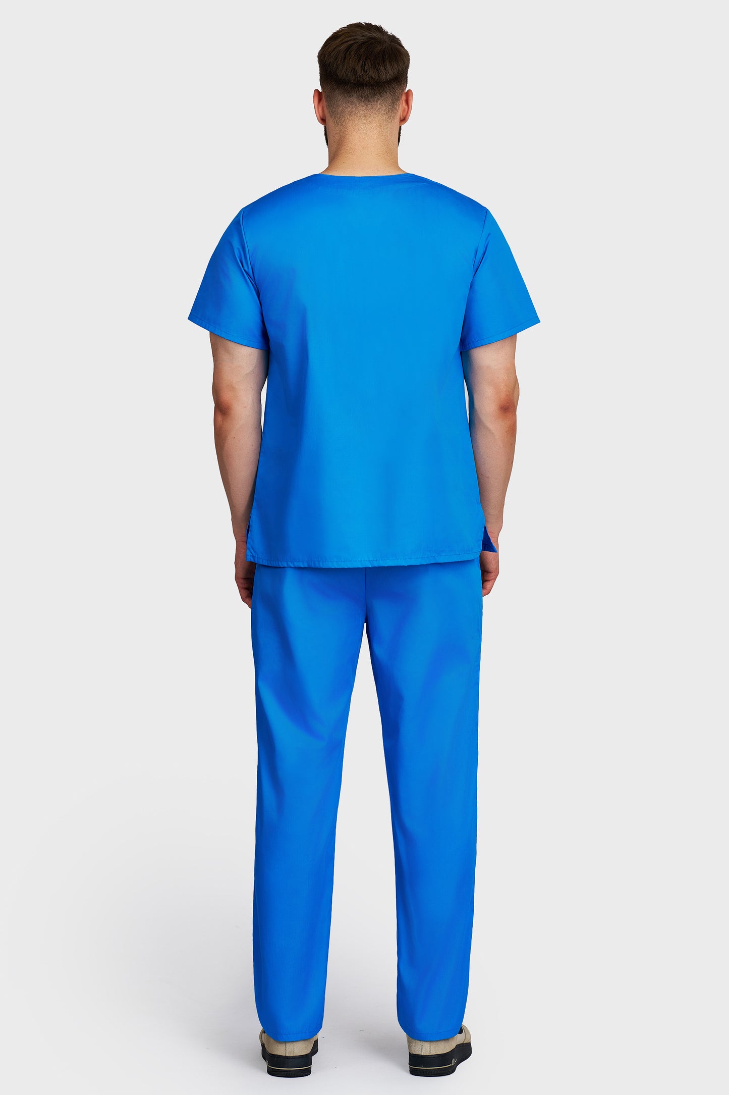 Costum medical barbati turquoise - bluza medicala Victoria si pantaloni cu elastic si snur, vedere din spate - AKITEX