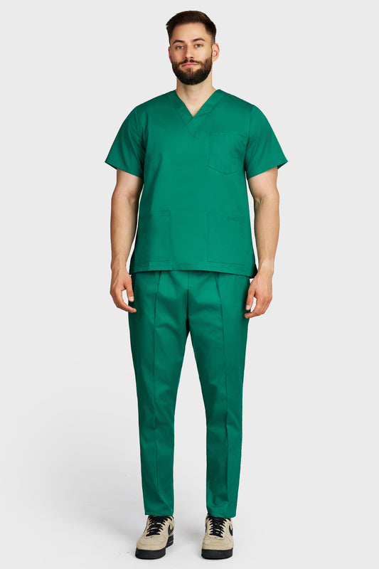 Costum medical barbati verde - bluza medicala cu guler in V si pantaloni Alisa, vedere din fata - AKITEX