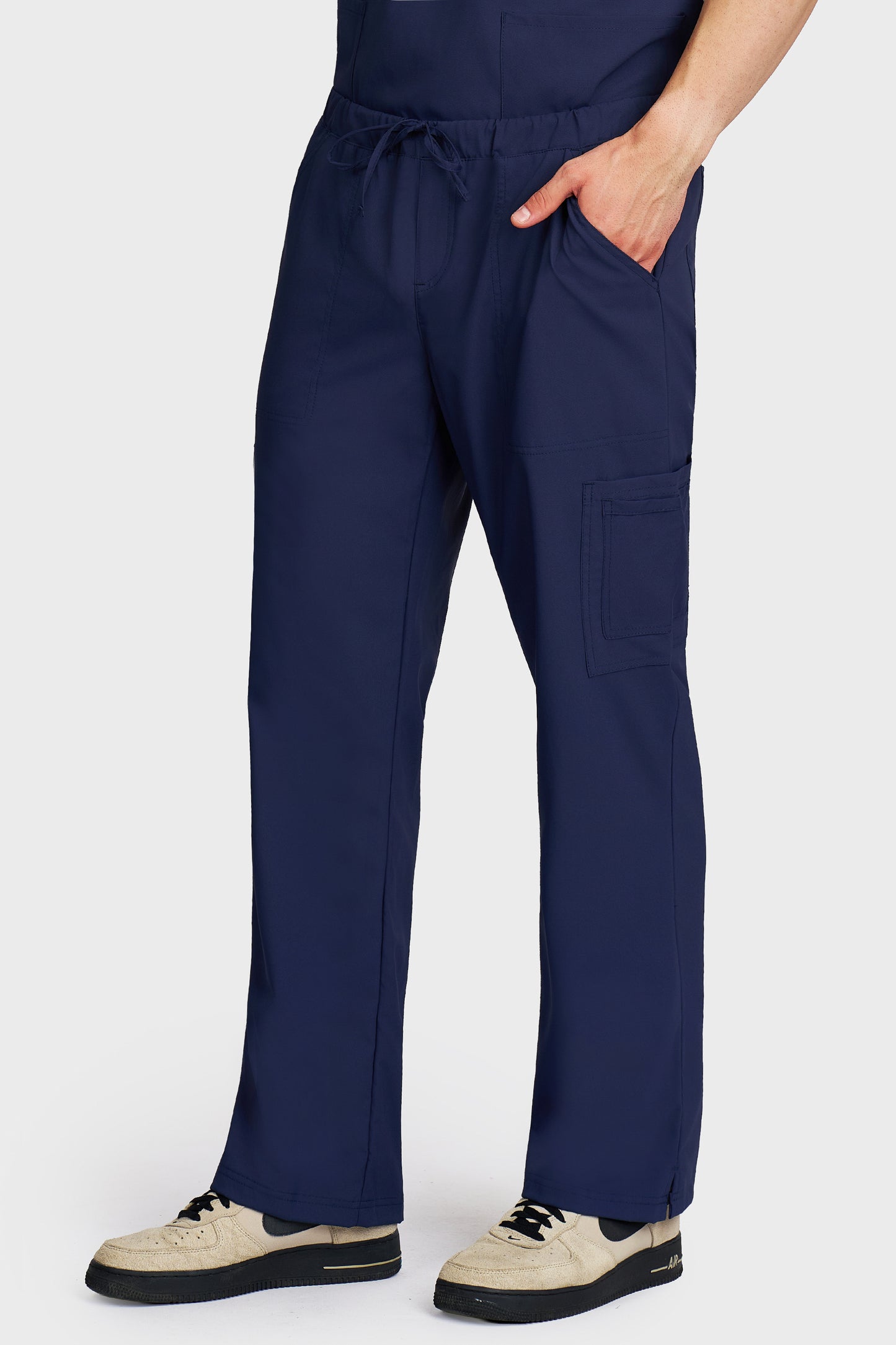Pantaloni medicali barbati Cargo bleumarin stretch - vedere laterala - AKITEX