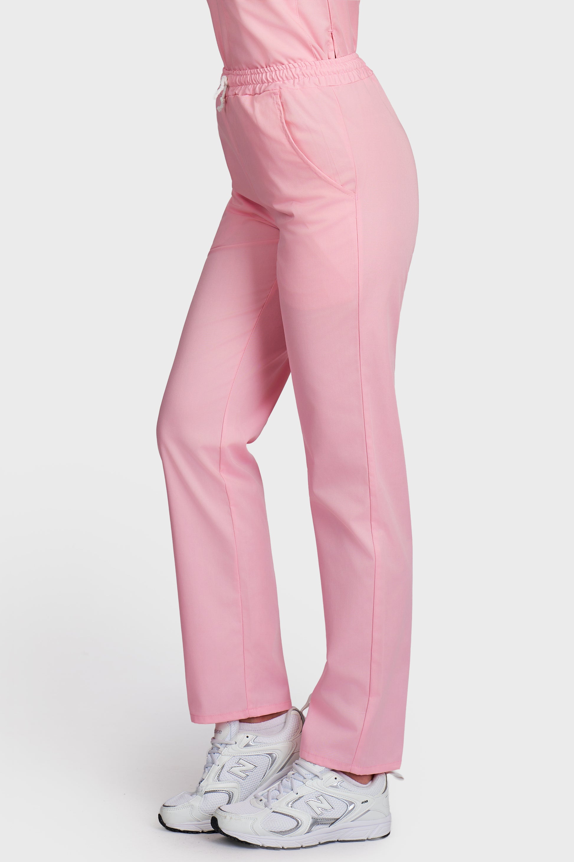 Pantaloni medicali femei cu elastic si snur roz - vedere laterala - AKITEX